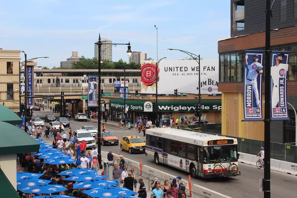 View of Wrigleyville neighborhood before a Chicago Cubs game